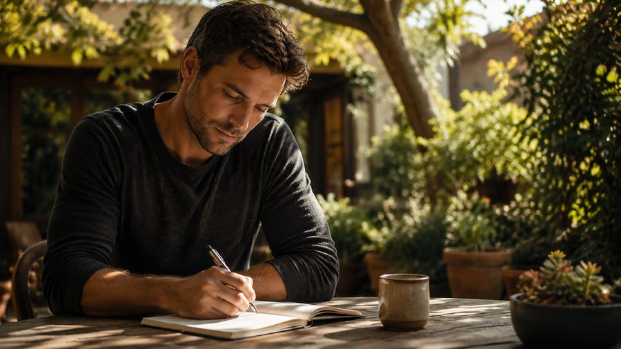 Man journaling outdoors in morning light