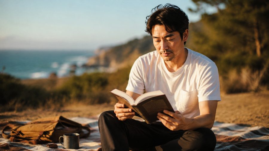 Man reading outdoors in afternoon light