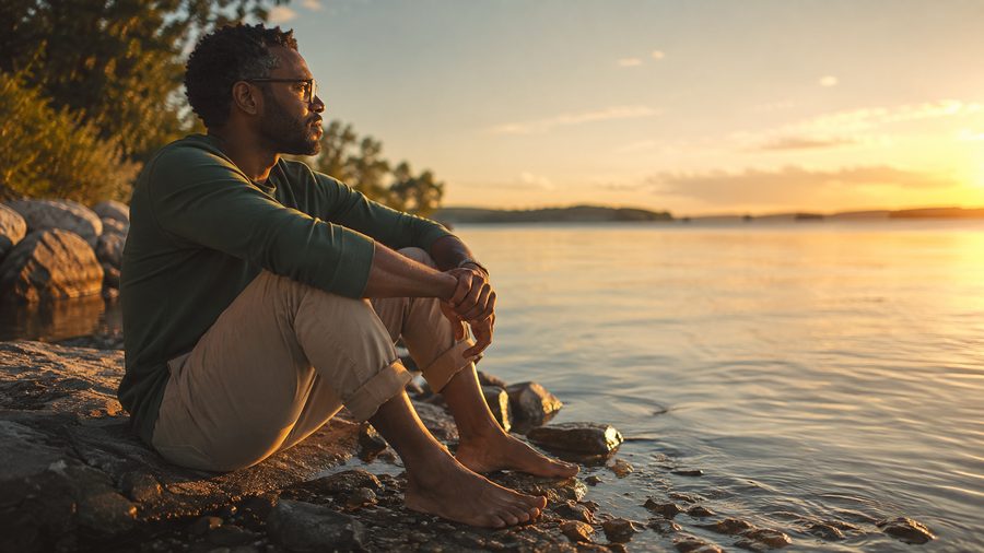 Man reflecting by the water at golden hour