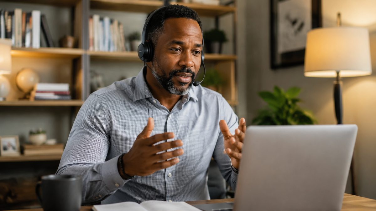A man engaged in a focused online coaching session