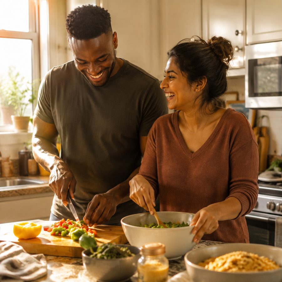 A couple working joyfully together in the kitchen