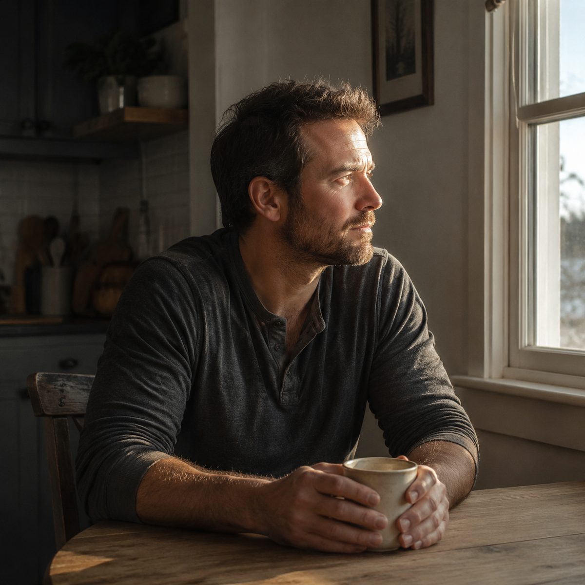 Man in quiet morning reflection